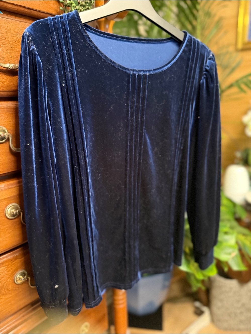 Classic Women's Navy Velvet Long-Sleeve Blouse